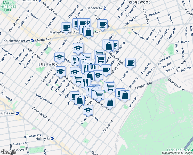 map of restaurants, bars, coffee shops, grocery stores, and more near 1288 Hancock Street in Brooklyn