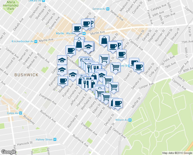 map of restaurants, bars, coffee shops, grocery stores, and more near in Brooklyn