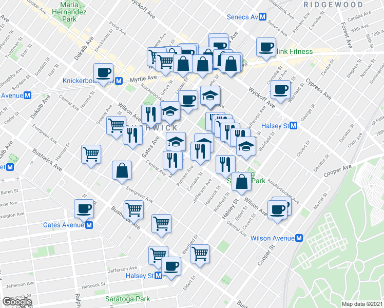 map of restaurants, bars, coffee shops, grocery stores, and more near 1315 Putnam Avenue in Brooklyn