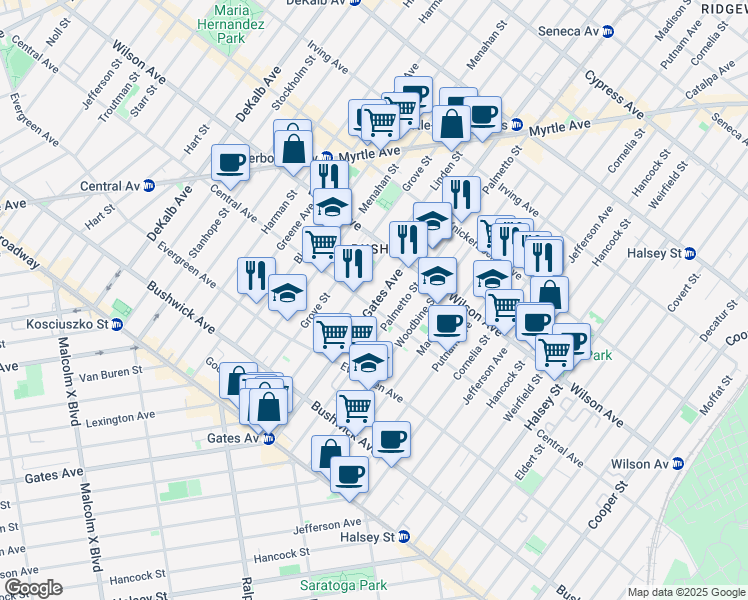 map of restaurants, bars, coffee shops, grocery stores, and more near 155 Palmetto Street in Brooklyn