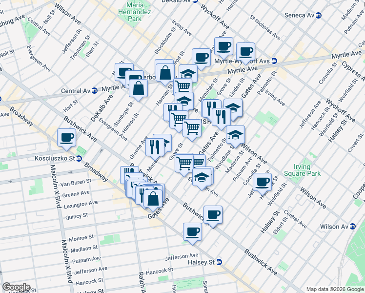 map of restaurants, bars, coffee shops, grocery stores, and more near 120 Grove Street in Brooklyn