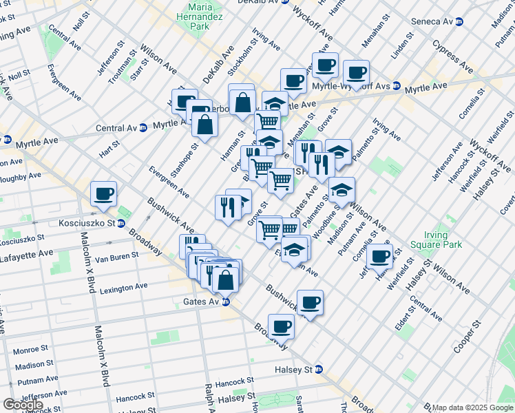 map of restaurants, bars, coffee shops, grocery stores, and more near 120 Grove Street in Brooklyn