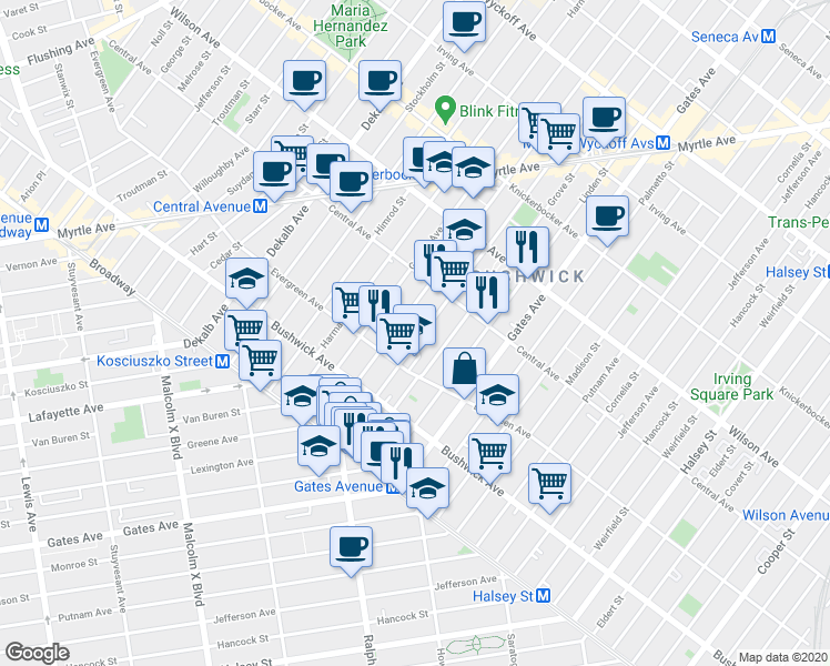 map of restaurants, bars, coffee shops, grocery stores, and more near 48 Menahan Street in Brooklyn
