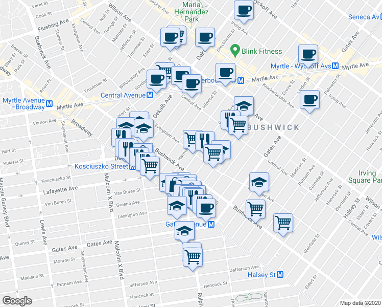 map of restaurants, bars, coffee shops, grocery stores, and more near 1099 Greene Avenue in Brooklyn