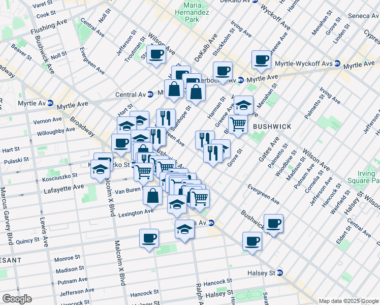 map of restaurants, bars, coffee shops, grocery stores, and more near 1099 Greene Avenue in Brooklyn