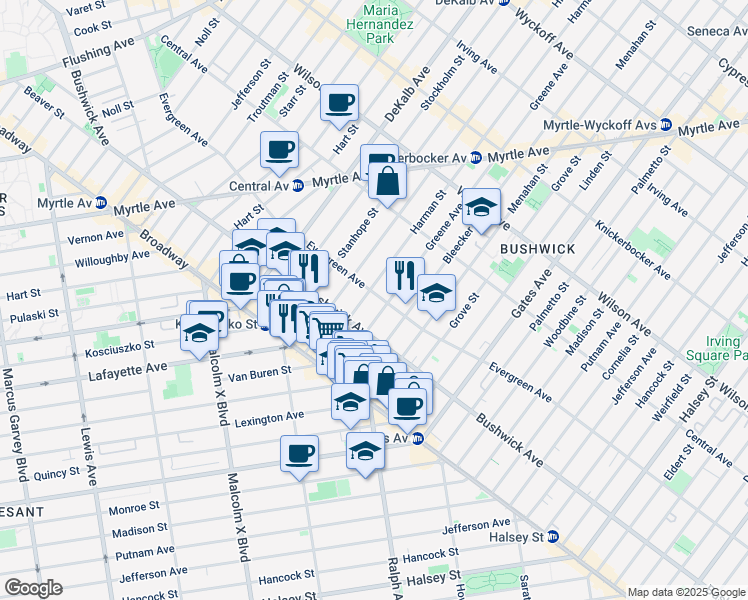 map of restaurants, bars, coffee shops, grocery stores, and more near 1099 Greene Avenue in Brooklyn
