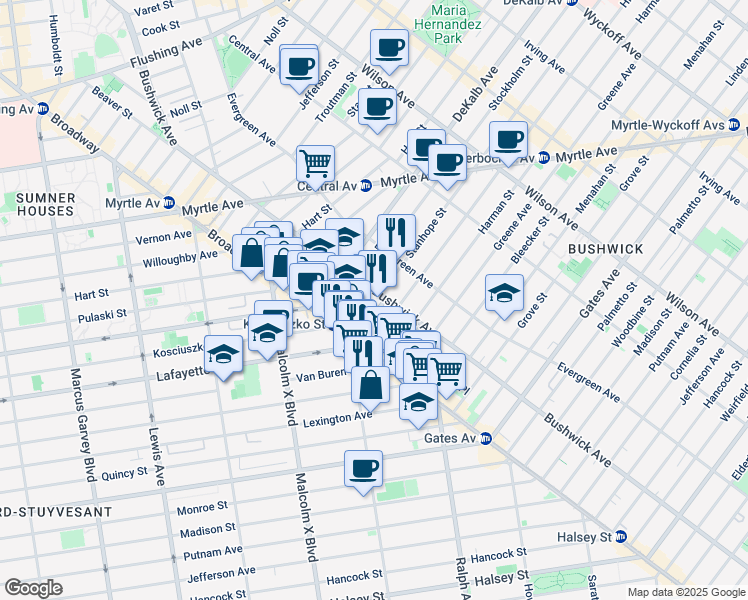 map of restaurants, bars, coffee shops, grocery stores, and more near 21 Kossuth Place in Brooklyn