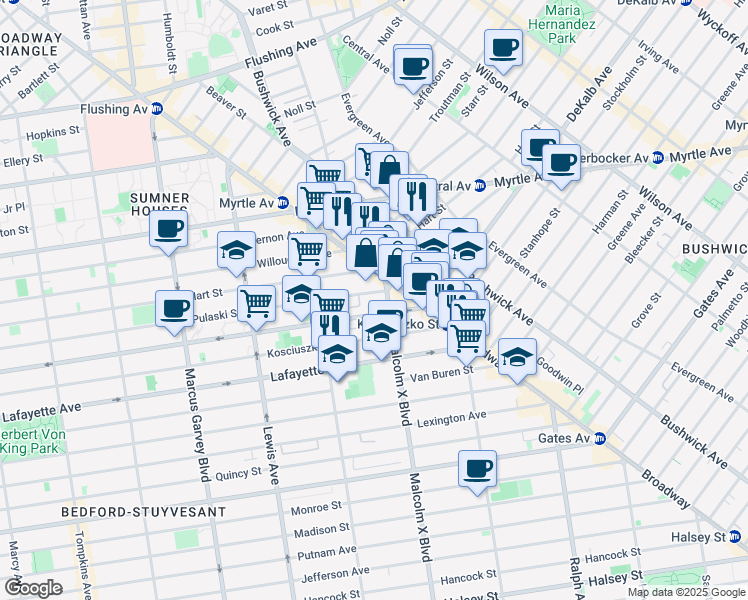 map of restaurants, bars, coffee shops, grocery stores, and more near 1066A Dekalb Avenue in Brooklyn