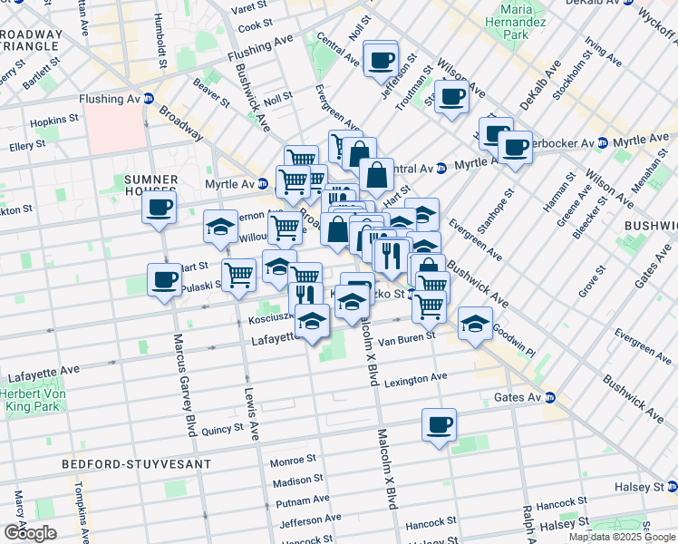 map of restaurants, bars, coffee shops, grocery stores, and more near 1066A Dekalb Avenue in Brooklyn