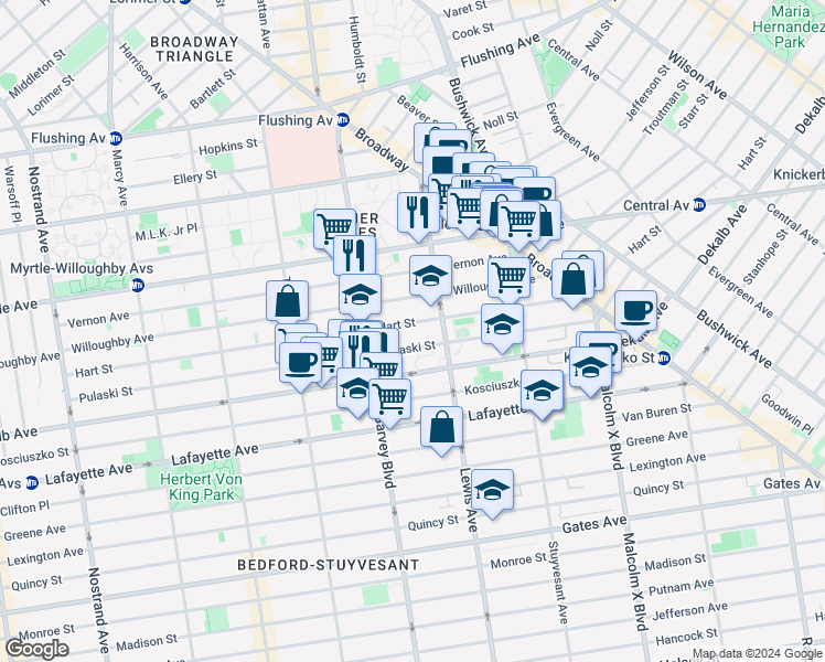 map of restaurants, bars, coffee shops, grocery stores, and more near 953 Dekalb Avenue in Brooklyn