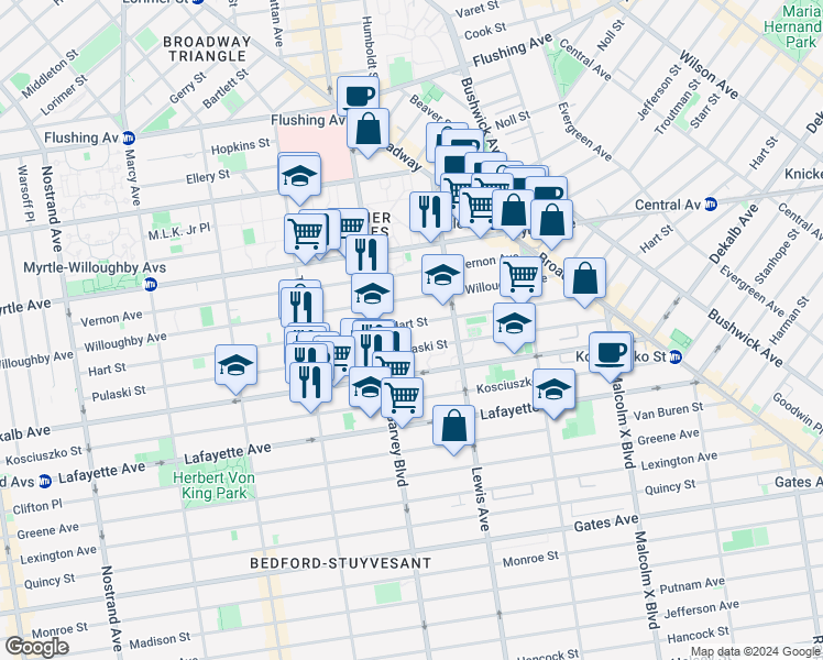 map of restaurants, bars, coffee shops, grocery stores, and more near 289 Pulaski Street in Brooklyn