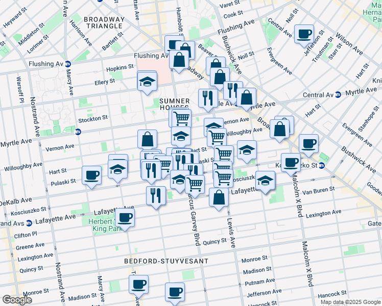 map of restaurants, bars, coffee shops, grocery stores, and more near 289 Pulaski Street in Brooklyn