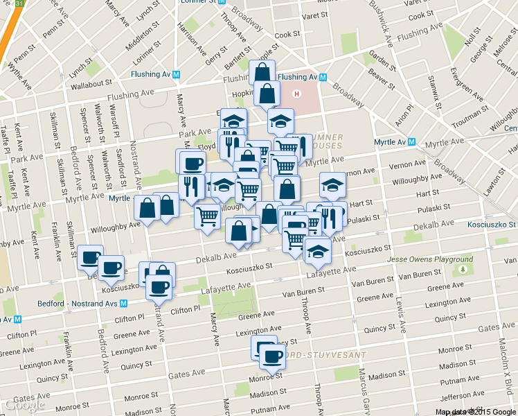 map of restaurants, bars, coffee shops, grocery stores, and more near 148 Hart Street in Brooklyn