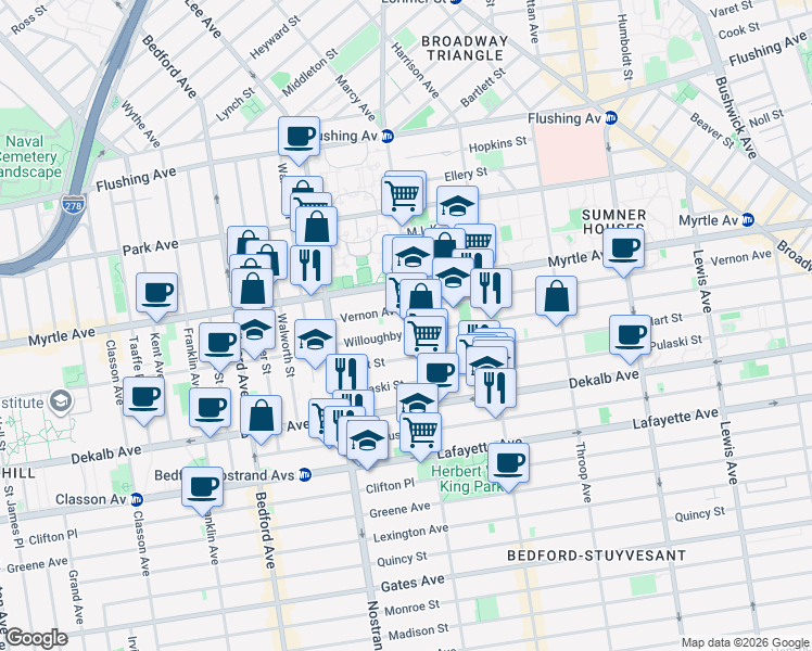 map of restaurants, bars, coffee shops, grocery stores, and more near 492 Willoughby Avenue in Brooklyn