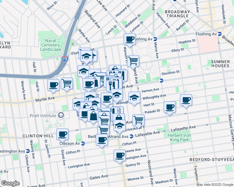 map of restaurants, bars, coffee shops, grocery stores, and more near 908A Bedford Avenue in Brooklyn