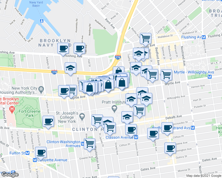 map of restaurants, bars, coffee shops, grocery stores, and more near 536 Myrtle Avenue in Brooklyn