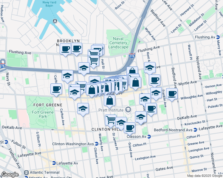map of restaurants, bars, coffee shops, grocery stores, and more near 502 Myrtle Avenue in Brooklyn