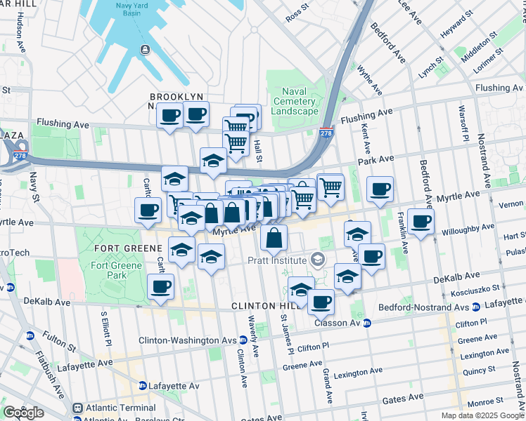 map of restaurants, bars, coffee shops, grocery stores, and more near in Brooklyn