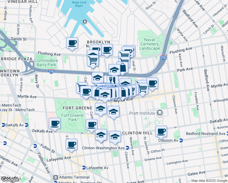 map of restaurants, bars, coffee shops, grocery stores, and more near 132 Clinton Avenue in Brooklyn