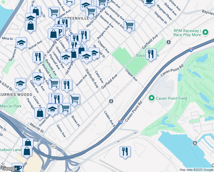 map of restaurants, bars, coffee shops, grocery stores, and more near 7 Cator Avenue in Jersey City