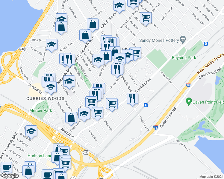 map of restaurants, bars, coffee shops, grocery stores, and more near 156 Ocean Avenue in Jersey City