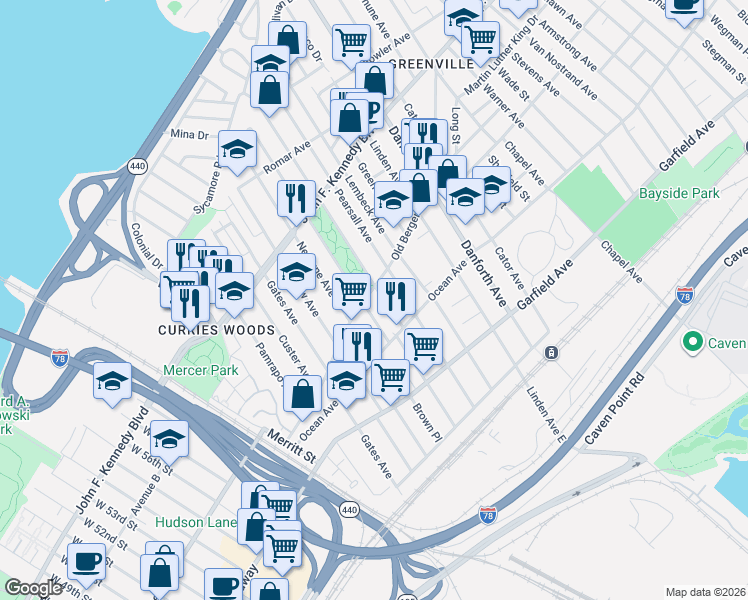 map of restaurants, bars, coffee shops, grocery stores, and more near 124 Old Bergen Road in Jersey City