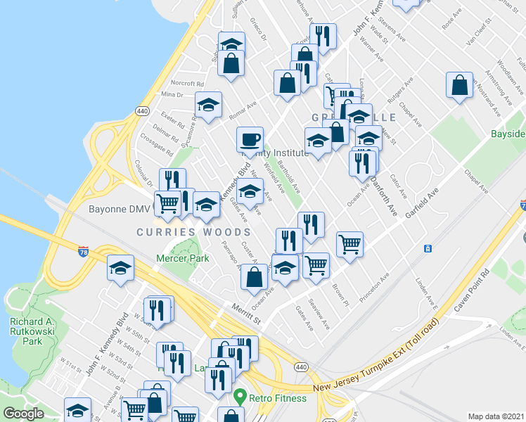 map of restaurants, bars, coffee shops, grocery stores, and more near 160 Seaview Avenue in Jersey City