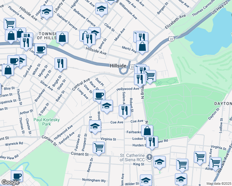 map of restaurants, bars, coffee shops, grocery stores, and more near 1269 Miriam Place in Hillside