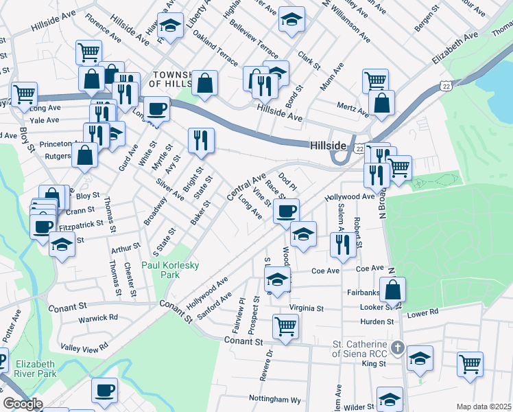 map of restaurants, bars, coffee shops, grocery stores, and more near 11 Park Street in Hillside