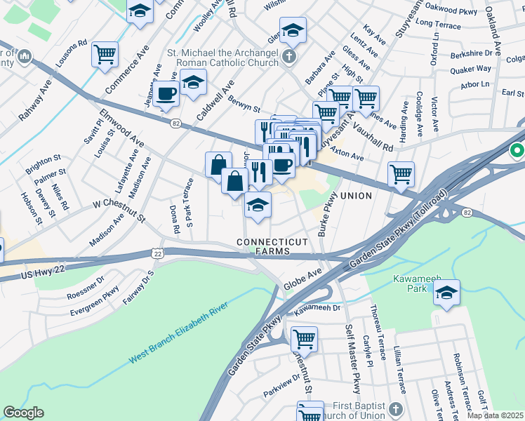 map of restaurants, bars, coffee shops, grocery stores, and more near 875 Stuyvesant Avenue in Union