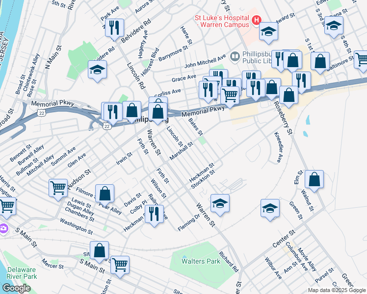 map of restaurants, bars, coffee shops, grocery stores, and more near 338 Lincoln Street in Phillipsburg
