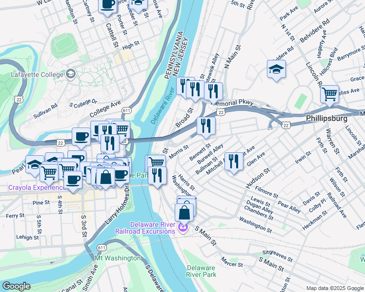 map of restaurants, bars, coffee shops, grocery stores, and more near 1 Fairview Heights in Phillipsburg