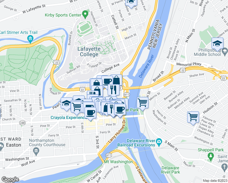map of restaurants, bars, coffee shops, grocery stores, and more near 107 North 2nd Street in Easton