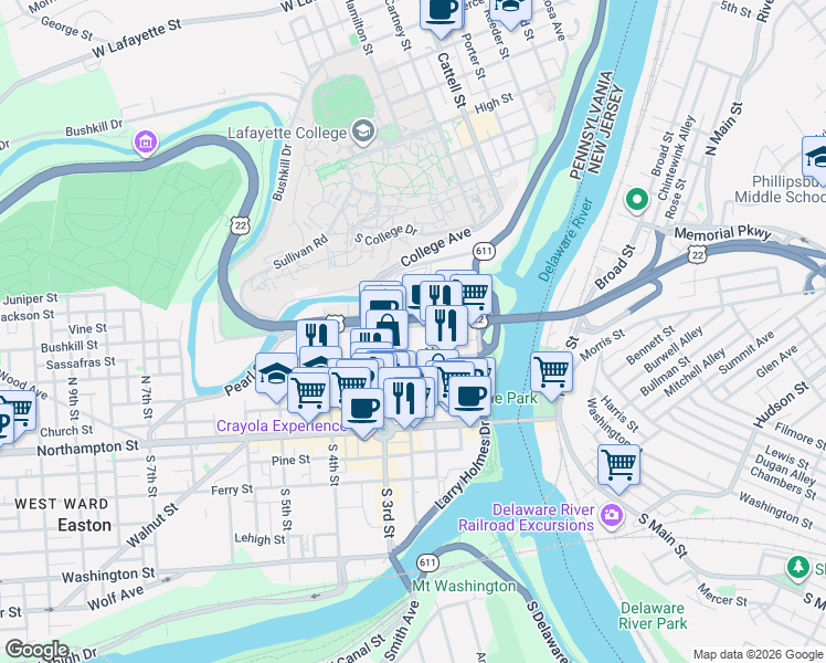 map of restaurants, bars, coffee shops, grocery stores, and more near 229 Spring Garden Street in Easton