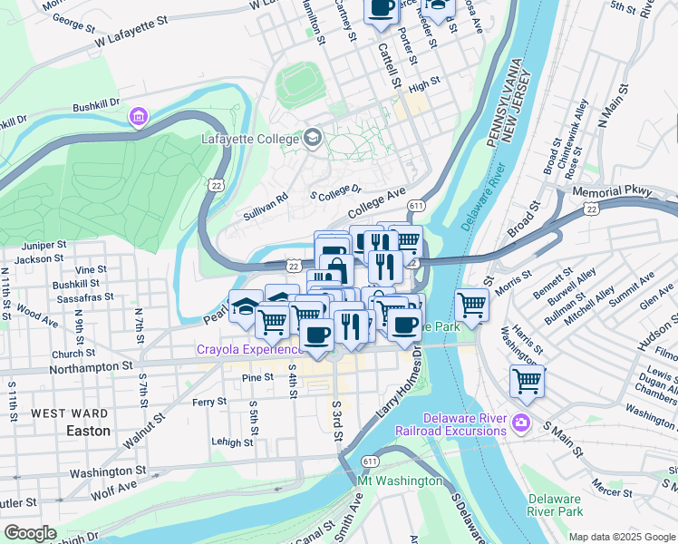 map of restaurants, bars, coffee shops, grocery stores, and more near 229 Spring Garden Street in Easton