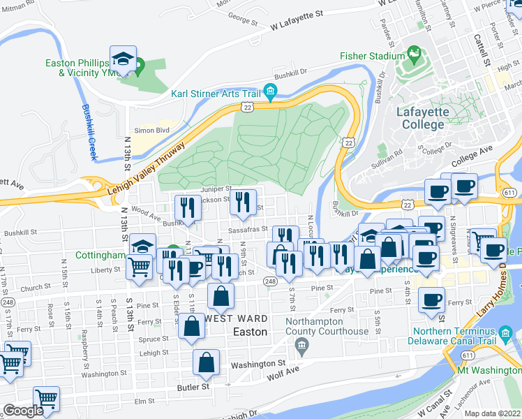 map of restaurants, bars, coffee shops, grocery stores, and more near 820 Bushkill Street in Easton
