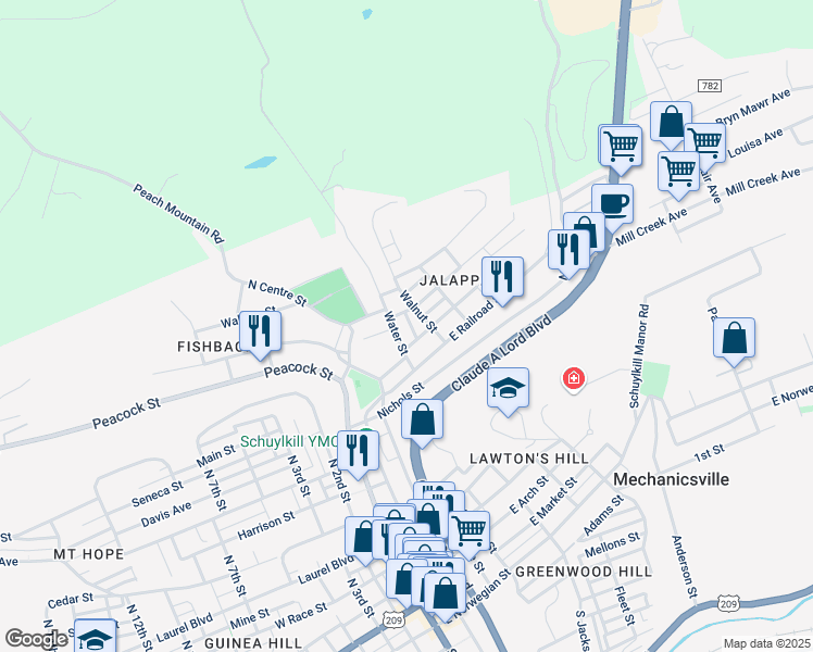 map of restaurants, bars, coffee shops, grocery stores, and more near 735 Hornung Street in Pottsville