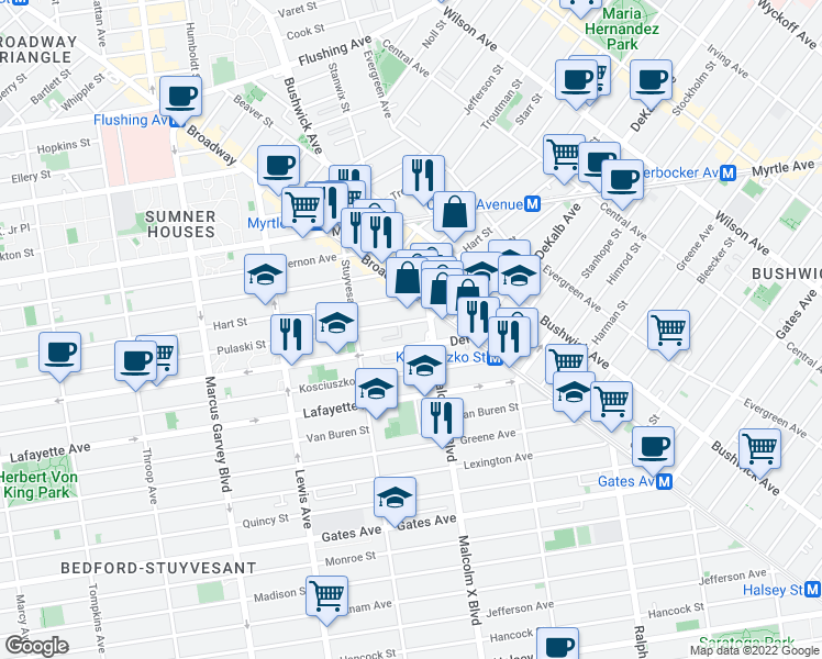 map of restaurants, bars, coffee shops, grocery stores, and more near 1066A Dekalb Avenue in Brooklyn