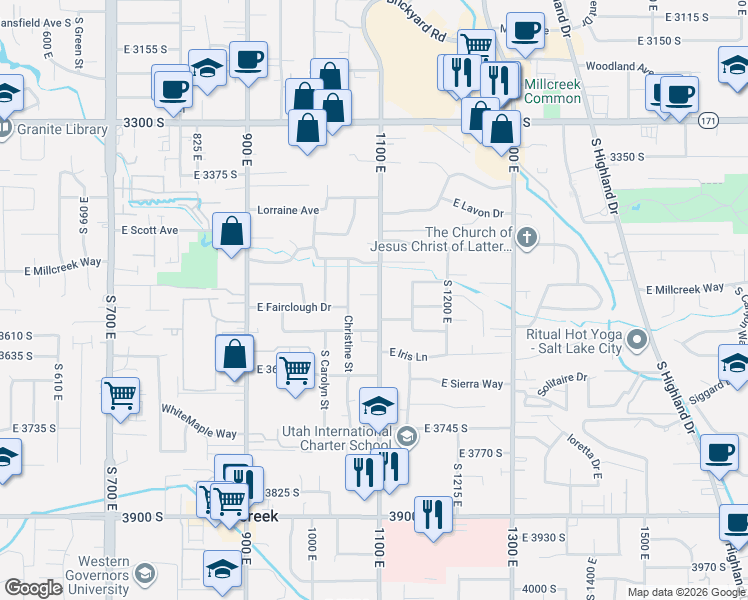 map of restaurants, bars, coffee shops, grocery stores, and more near 3552 South 1100 East in Millcreek