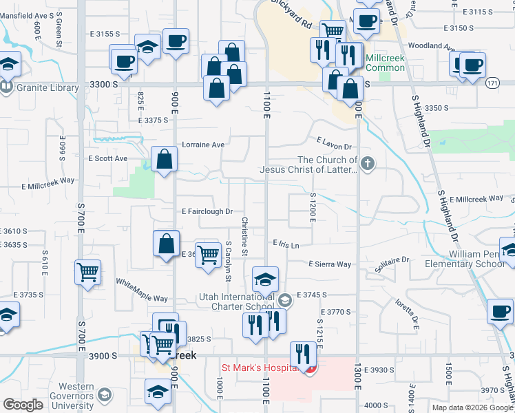 map of restaurants, bars, coffee shops, grocery stores, and more near 3552 South 1100 East in Millcreek