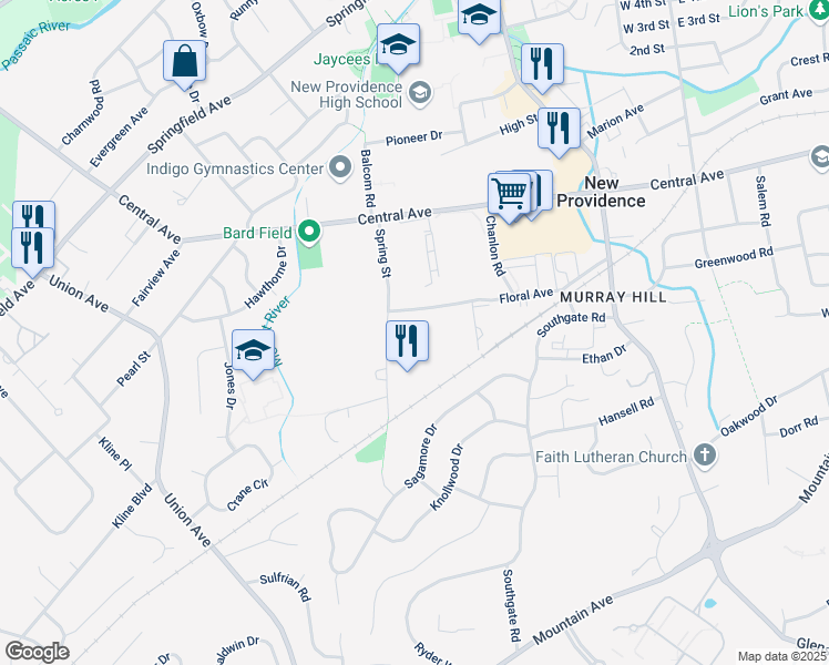 map of restaurants, bars, coffee shops, grocery stores, and more near 41 Spring Floral Drive in New Providence