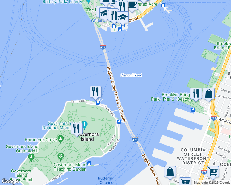 map of restaurants, bars, coffee shops, grocery stores, and more near Brooklyn Battery Tunnel in New York