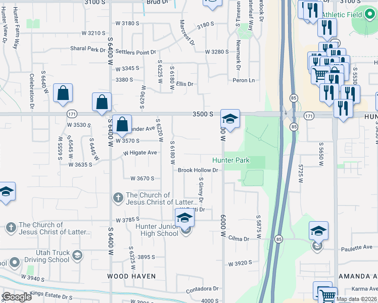 map of restaurants, bars, coffee shops, grocery stores, and more near 6122 Country Apple Court in West Valley City