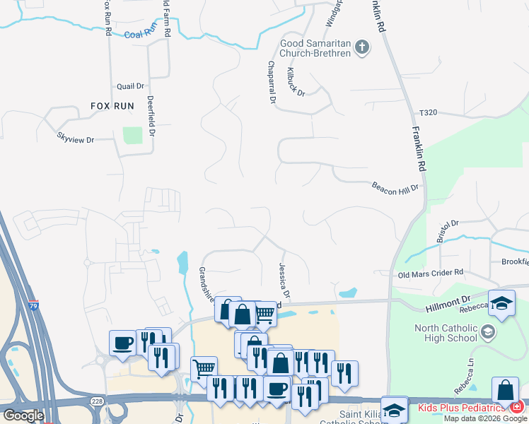 map of restaurants, bars, coffee shops, grocery stores, and more near 302 Cosette Drive in Cranberry Township