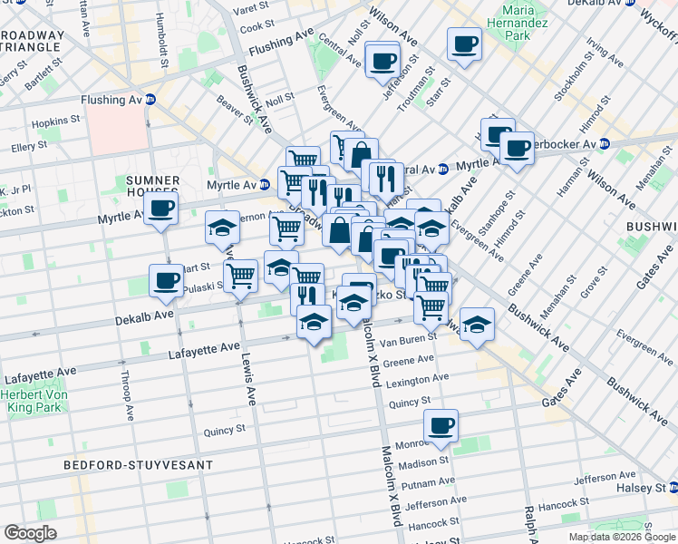 map of restaurants, bars, coffee shops, grocery stores, and more near 464 Pulaski Street in Brooklyn