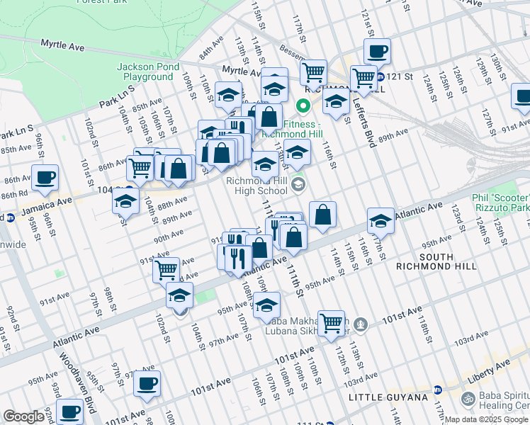 map of restaurants, bars, coffee shops, grocery stores, and more near 91-02 111th Street in Queens