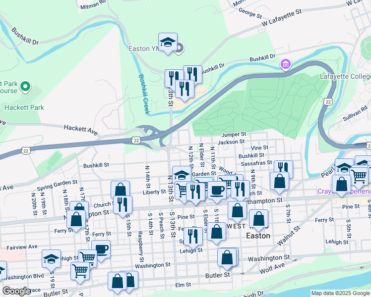 map of restaurants, bars, coffee shops, grocery stores, and more near 1203 Bushkill Street in Easton