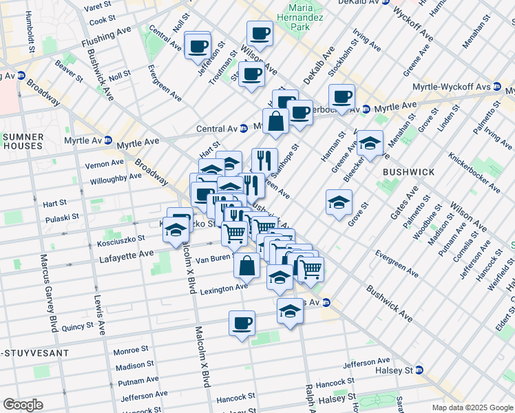 map of restaurants, bars, coffee shops, grocery stores, and more near Bushwick Ave & Kossuth Pl in Brooklyn