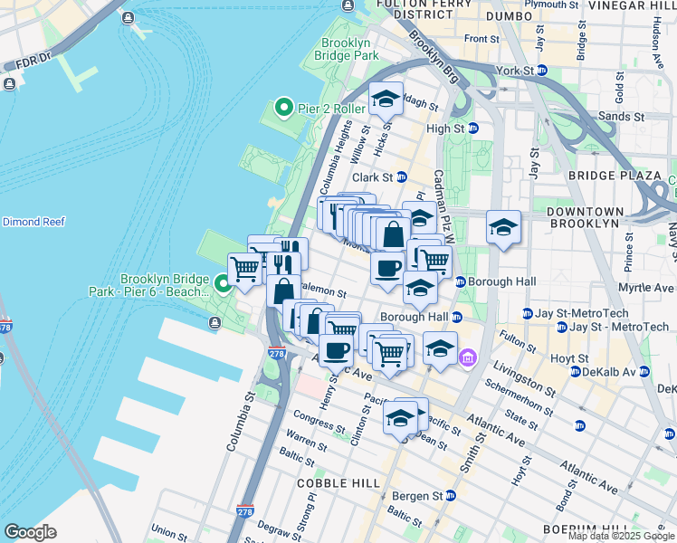 map of restaurants, bars, coffee shops, grocery stores, and more near 60 Remsen Street in Brooklyn