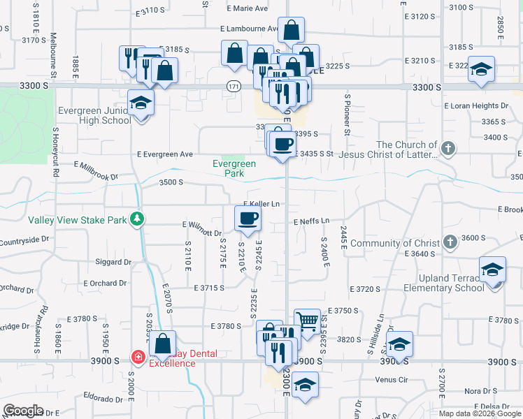 map of restaurants, bars, coffee shops, grocery stores, and more near 2241 East Wilmott Drive in Salt Lake City